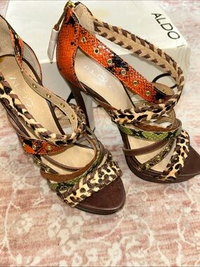 Like New Aldo Multi-Print Strappy High Heel Sandals in Orange, Green & Leopard